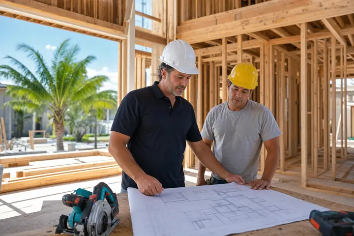 Contractors reviewing plans at a home under construction