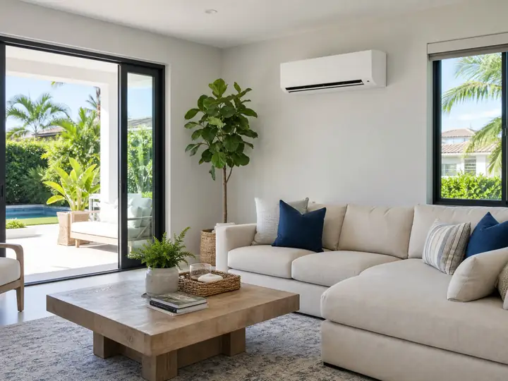 Bright living room cooled by a wall-mounted air conditioner